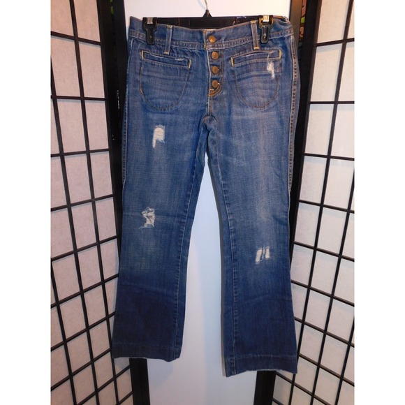 Old Navy Jeans Womens Size 4 Blue Ultra Low Rise Slim Boot Destressed Faded - Picture 1 of 3